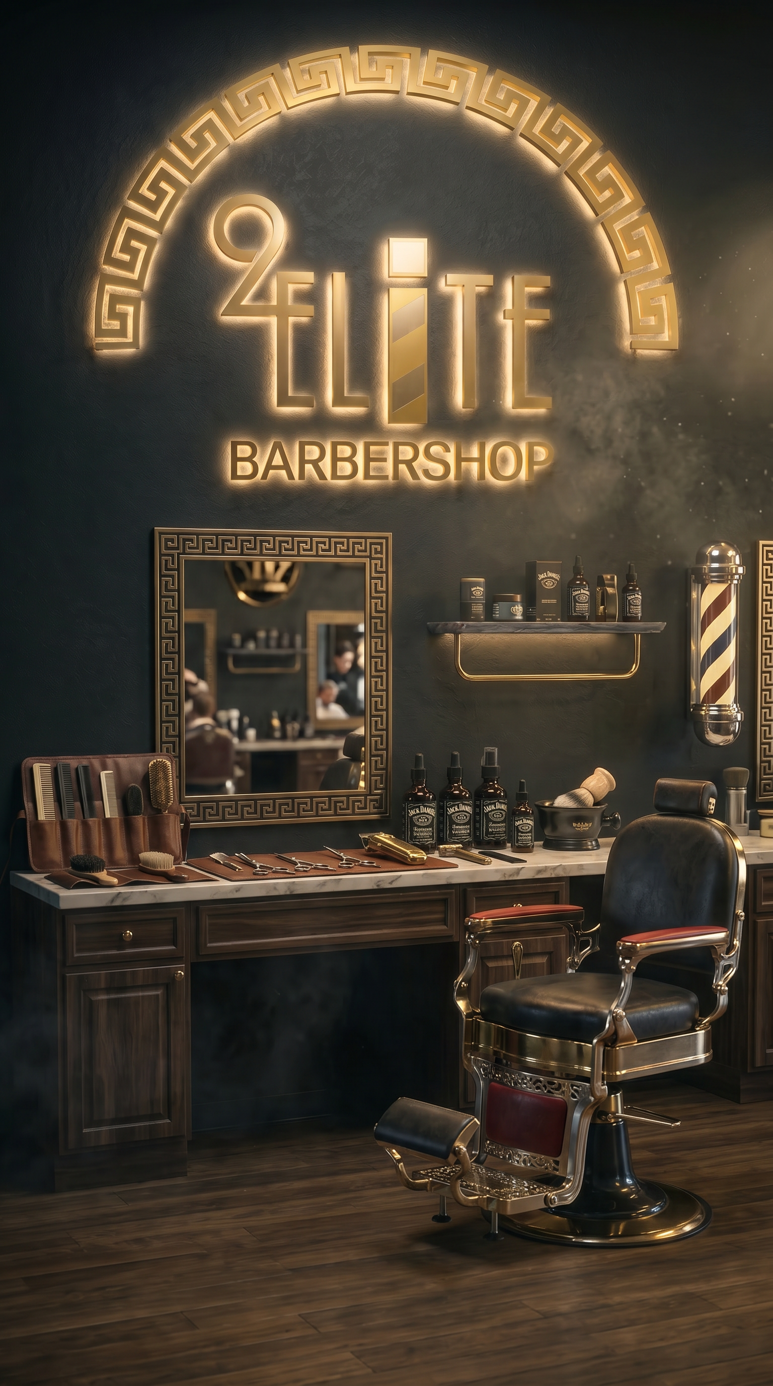 Vintage 1950s barber chair in obsidian-toned heritage lounge.